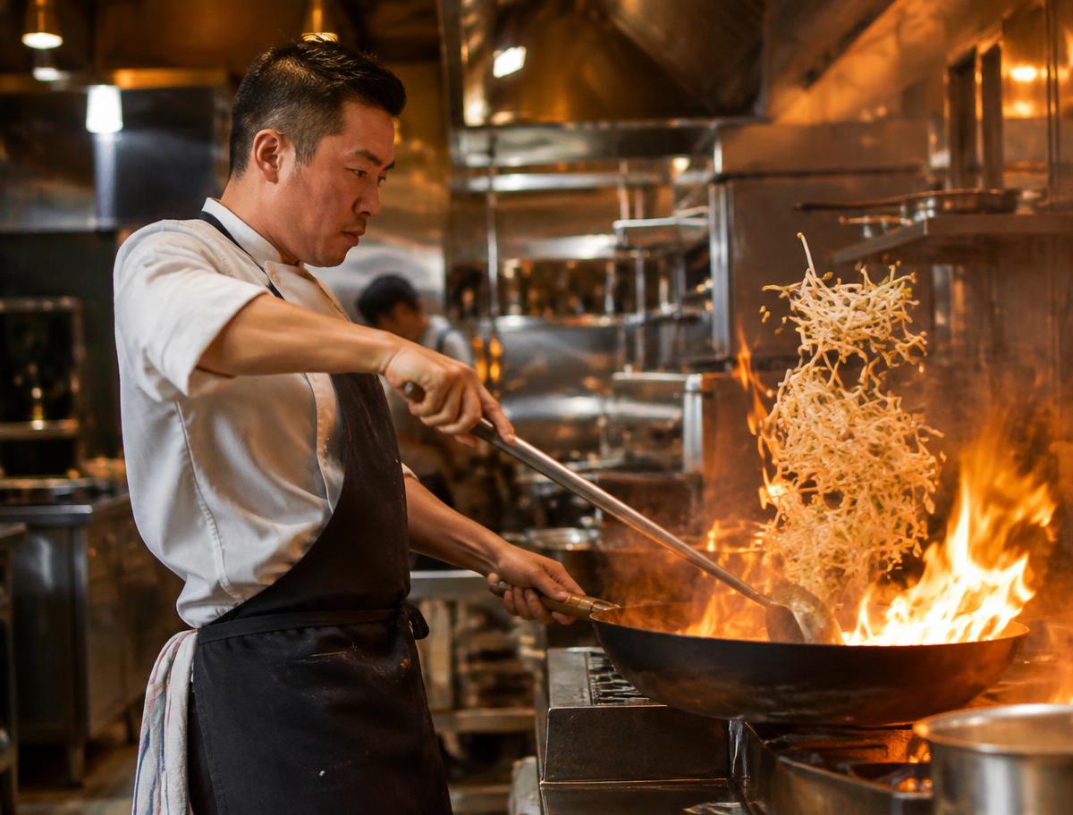 Chef cooking bean sprouts in a wok